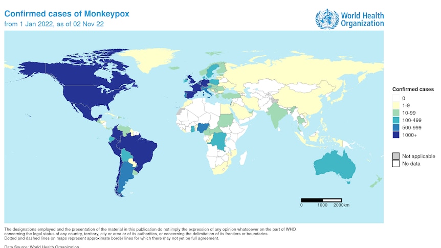 A world map with different colours showing the number of Monkeypox cases around the world.