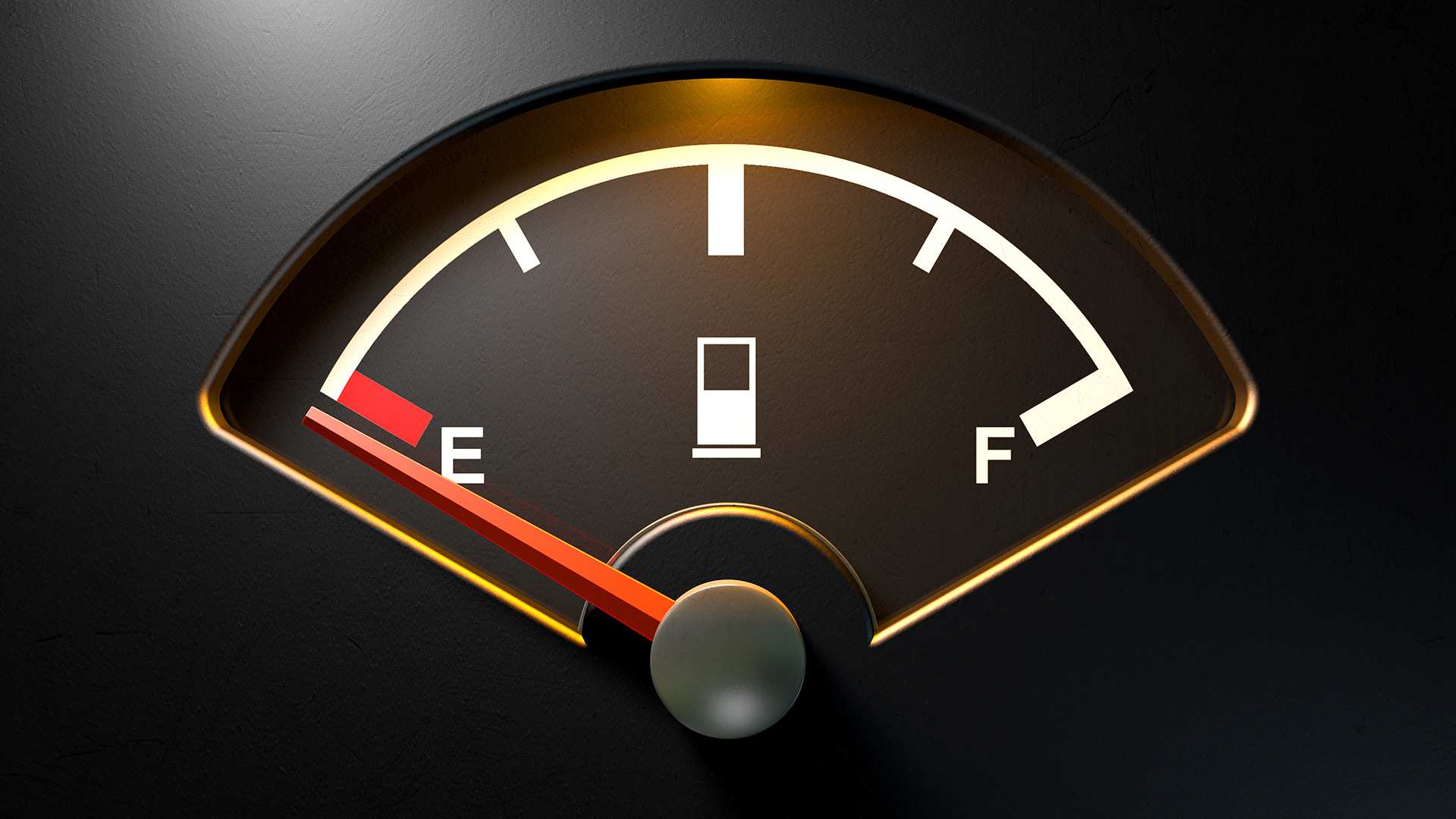 A petrol fuel gauge showing the tank is empty.