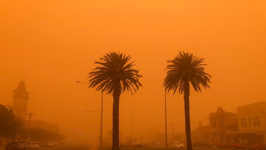 The main street in Mildura is orange-brown and covered in dust.