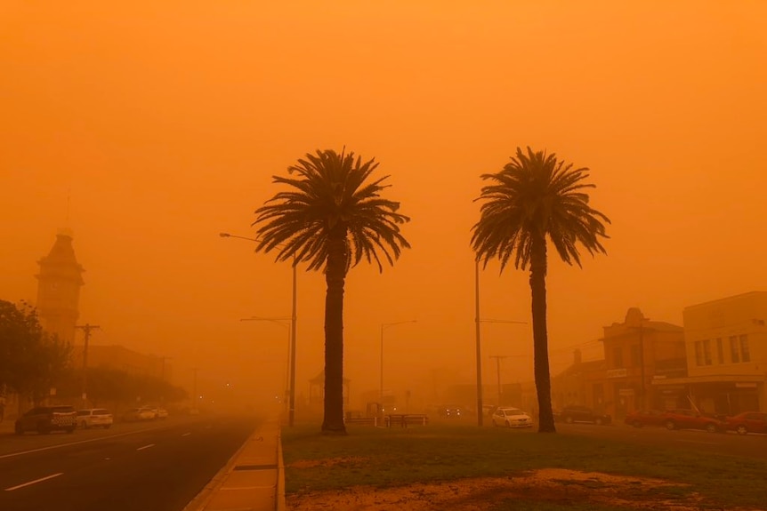 The main street in Mildura is orange-brown and covered in dust.