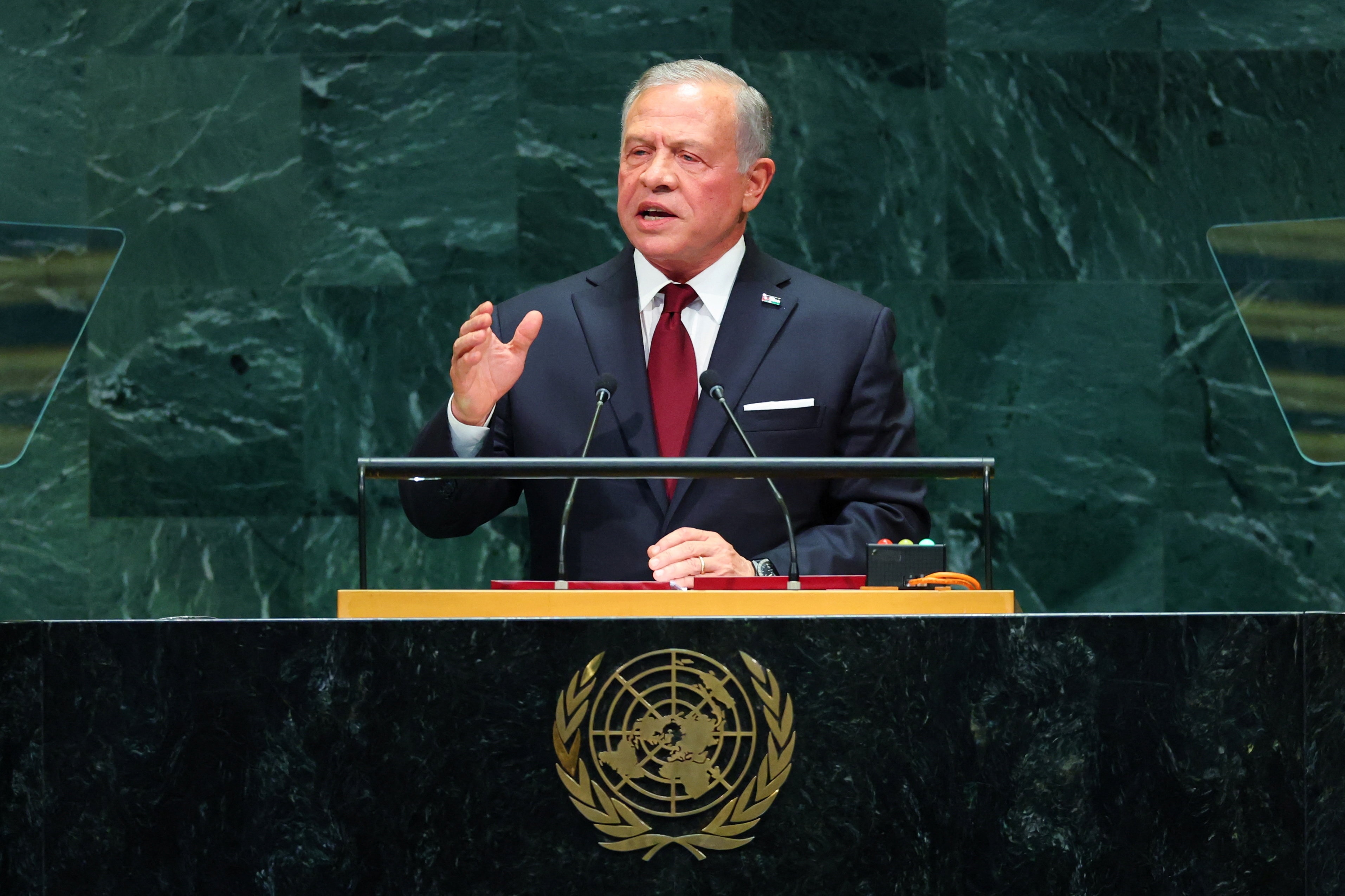 King Abdullah II speaks at the UN podium.