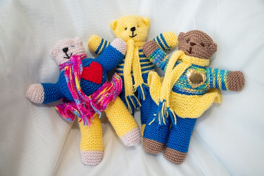 Hand-knitted teddy bears.