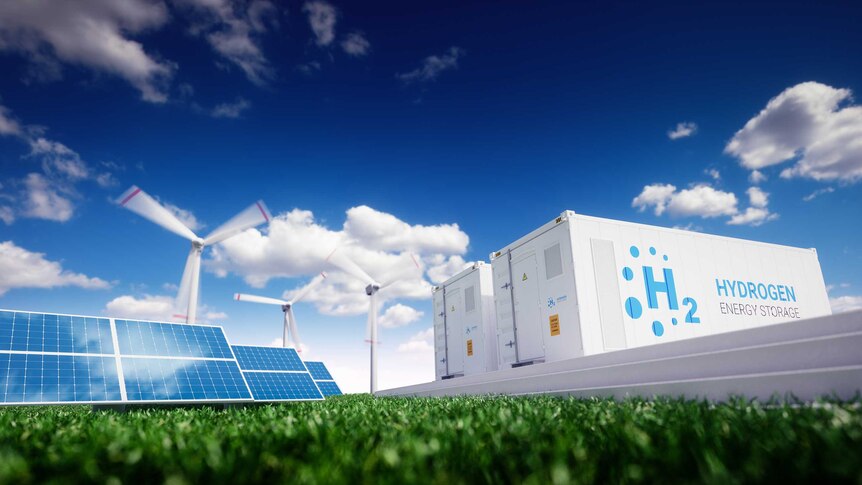 A generator next to two wind power windmills and a solar panel.