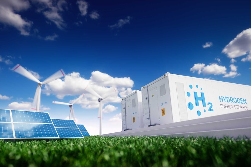 A generator next to two wind power windmills and a solar panel.