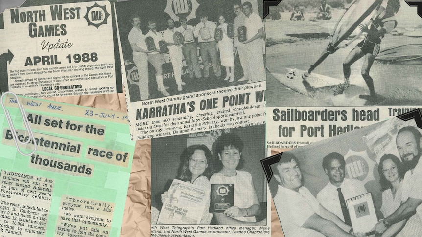 A composite photo featuring scrapbook clippings about the North West Games