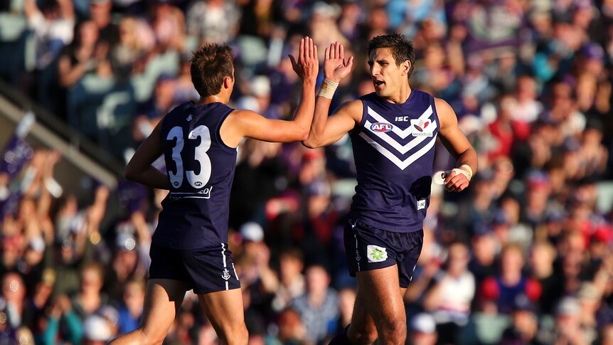 Fremantle's Matthew Pavlich celebrates another goal against the Western Bulldogs at Subiaco Oval.