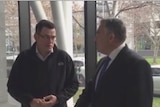 Federal Treasurer Joe Hockey and Victorian Premier Daniel Andrews talk in the ABC Southbank Foyer