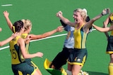 The Hockeyroos celebrate after winning the shoot-out