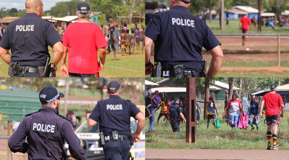 Four images showing NT Police Sergeant Scott Rose and officers responding to crowd unrest.