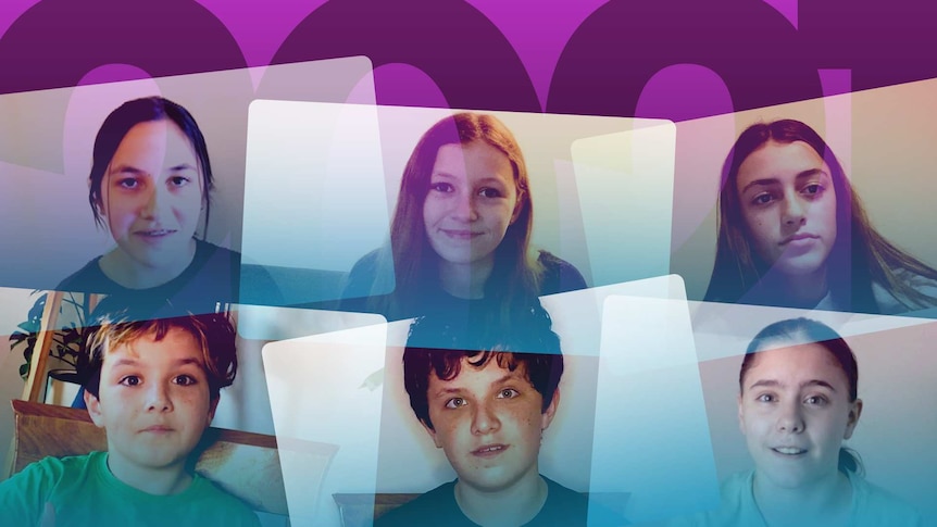 Images of the six kids in stylised screens to resemble video conference calls.