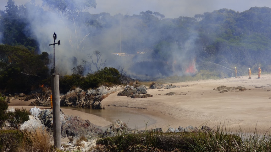 Three fire fighters standing on a beach, one is using a hose to douse flames in the vegetation above the sand