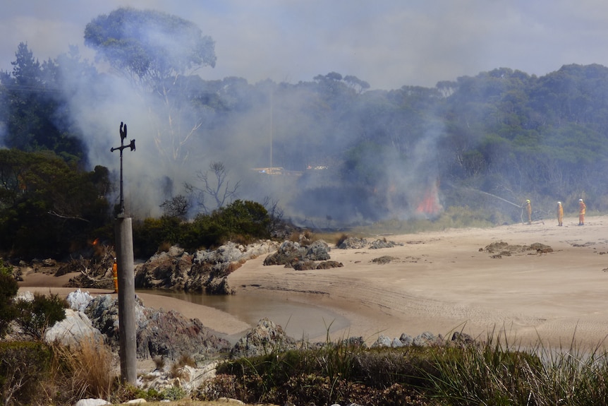 Three fire fighters standing on a beach, one is using a hose to douse flames in the vegetation above the sand