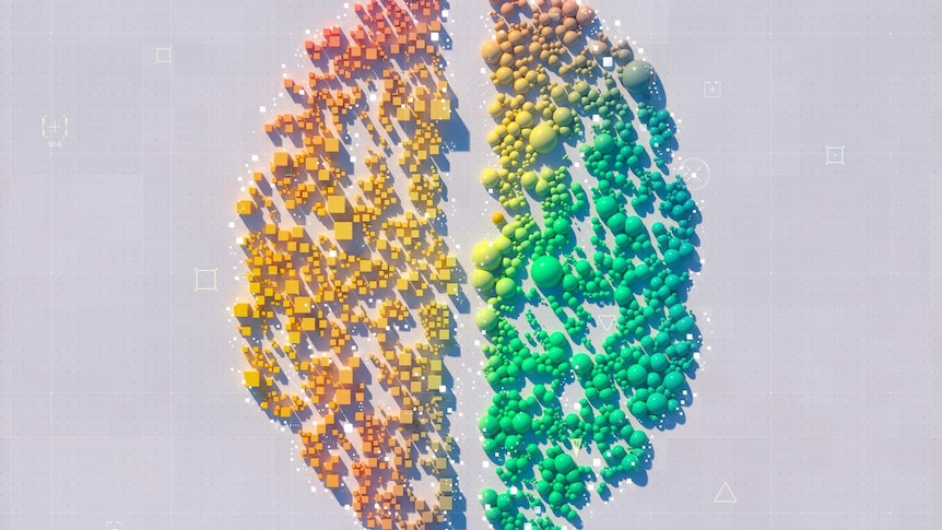 An illustration of a human brain split into two and rendered in vibrant greens, blues and oranges