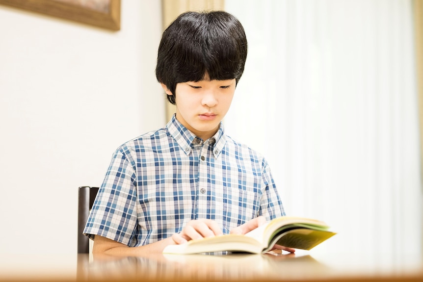 Prince Hisahito, a teenage boy, sits at a desk reading a book. He wears a checked shirt