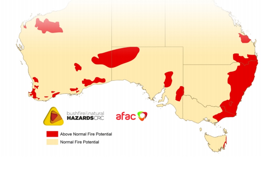 Map of southern Australia shows large patches of red on east coast