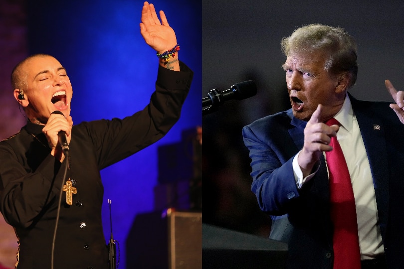 A composite image of Sinead O'Connor performing and Donald Trump talking into a mic