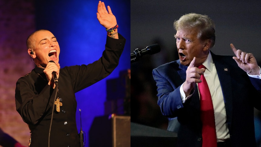 A composite image of Sinead O'Connor performing and Donald Trump talking into a mic