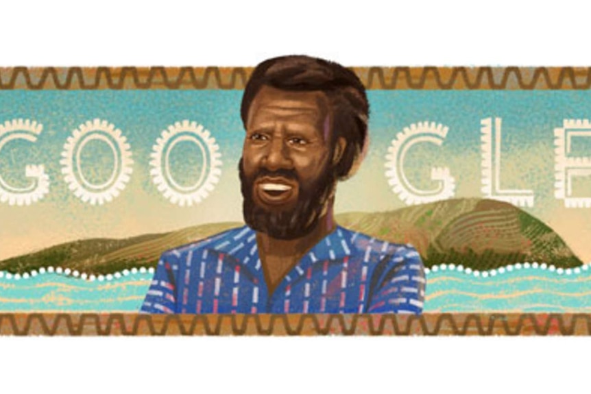 A portrait of Indigenous land rights activist Eddie Mabo in front of an island.