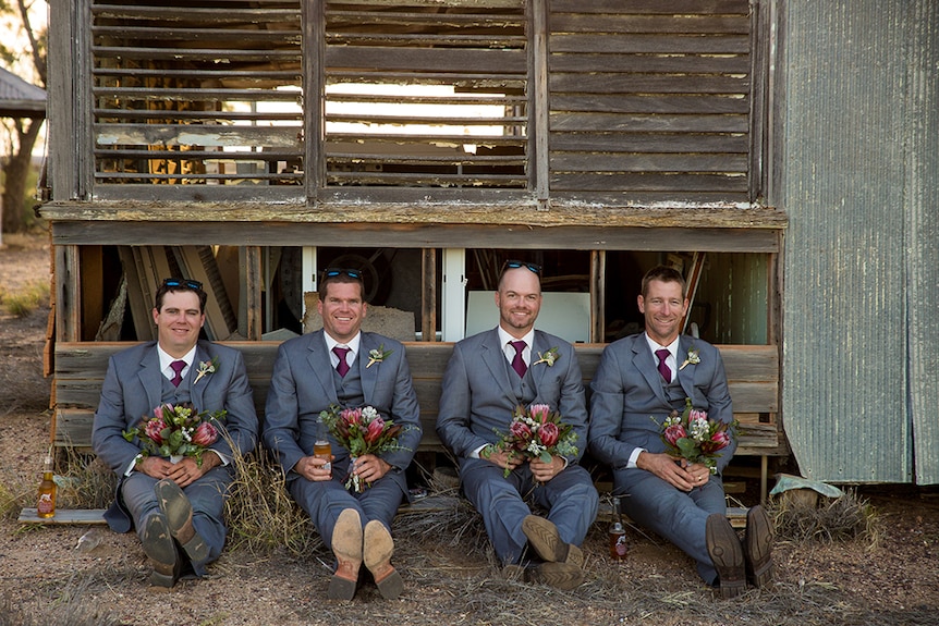 Cameron's four groomsmen, including local publican Robert Downie (pictured left).