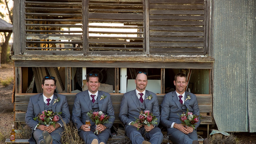 Cameron's four groomsmen, including local publican Robert Downie (pictured left).