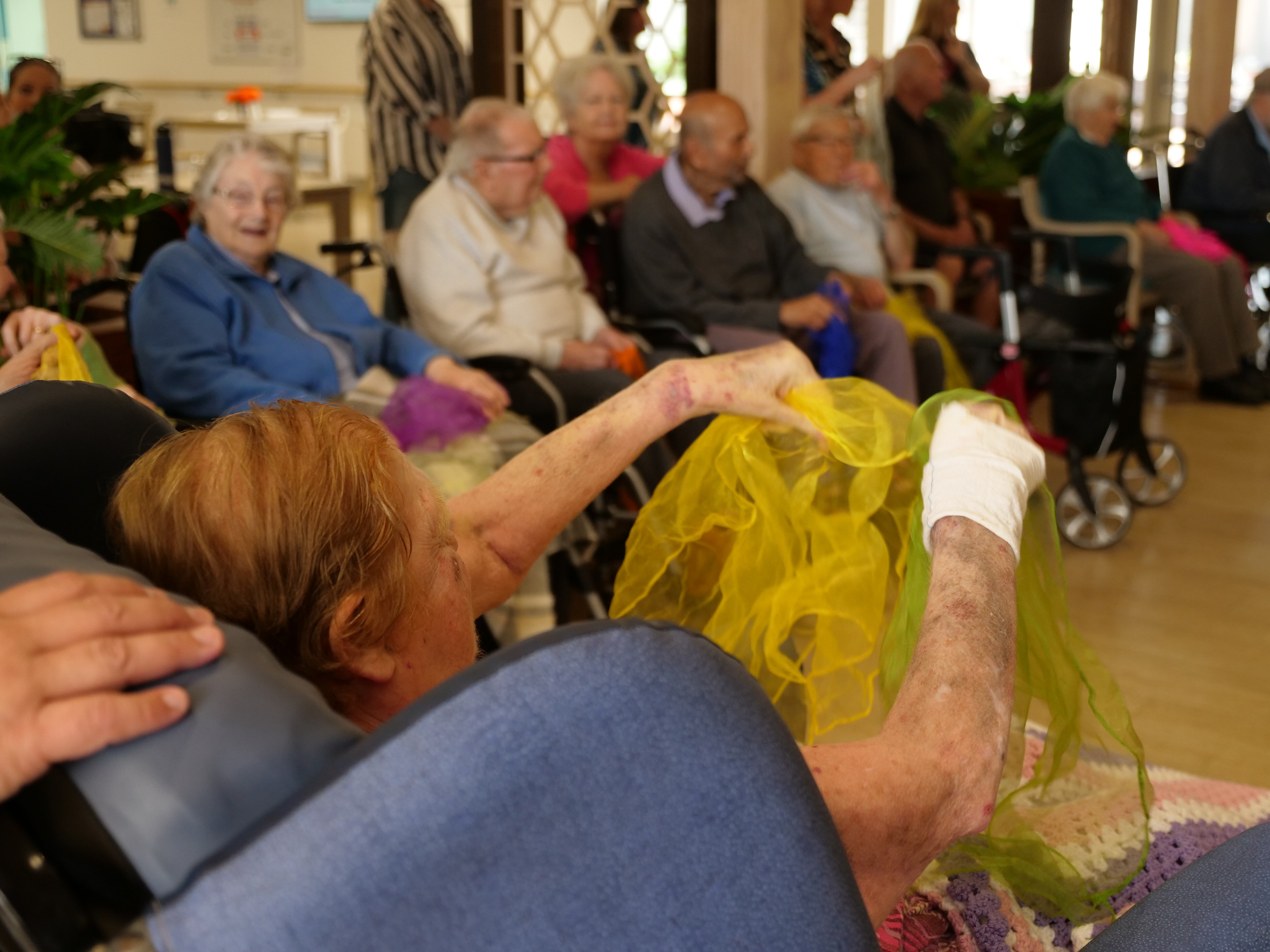 An older woman sits in a chair (pictured from behind), she's holding up a sheer yellow scarf
