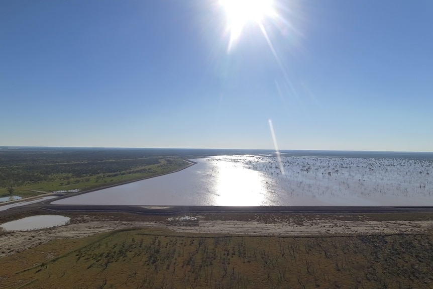 Aerial photo of a large dam of water on Cubbie Station near Dirranbandi in April 2021.