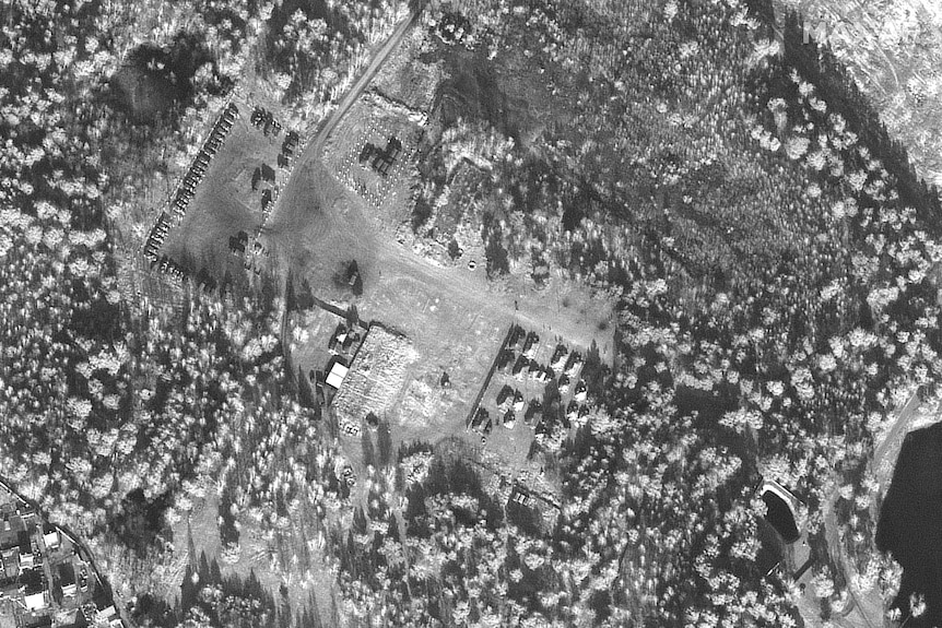 Aerial view of troops and equipment.
