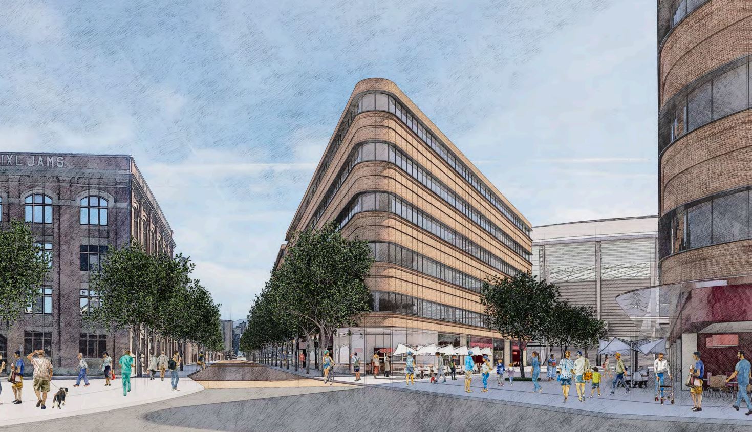 A concept artwork showing people walking near buildings and down a street with a stadium seen in the background.