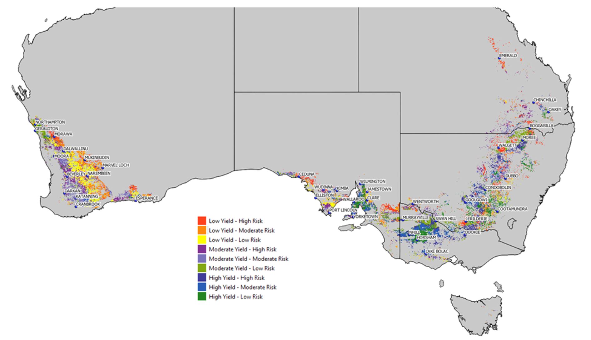 Map with red areas of concern including in SW WA and the Riverland in SA