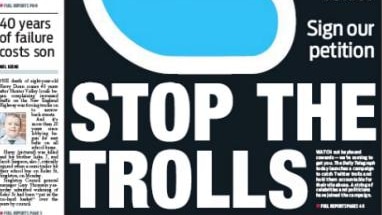 Daily Telegraph front page: "Stop the trolls"