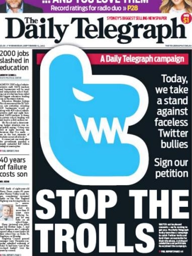 Daily Telegraph front page: "Stop the trolls"