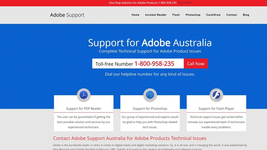 A webpage that says "Support for Adobe Australia" with a phone number listed for support.
