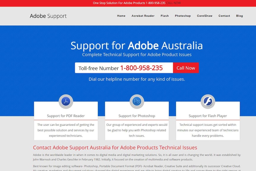 A webpage that says "Support for Adobe Australia" with a phone number listed for support.