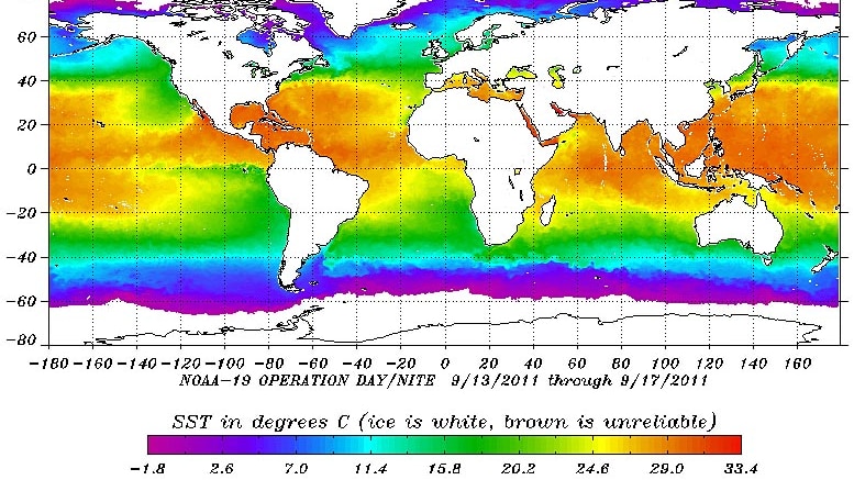 NOAA sea surface temperatures 13/9/2011 to 17/9/2011.