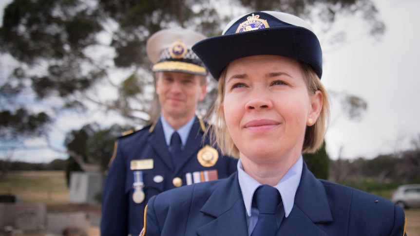 Senior Sergeant Brenda Orr and Tasmanian Chief Police Commissioner Darren Hine.