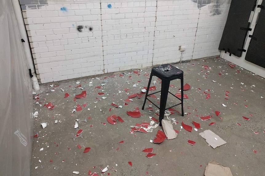 The Break Room with smashed crockery.