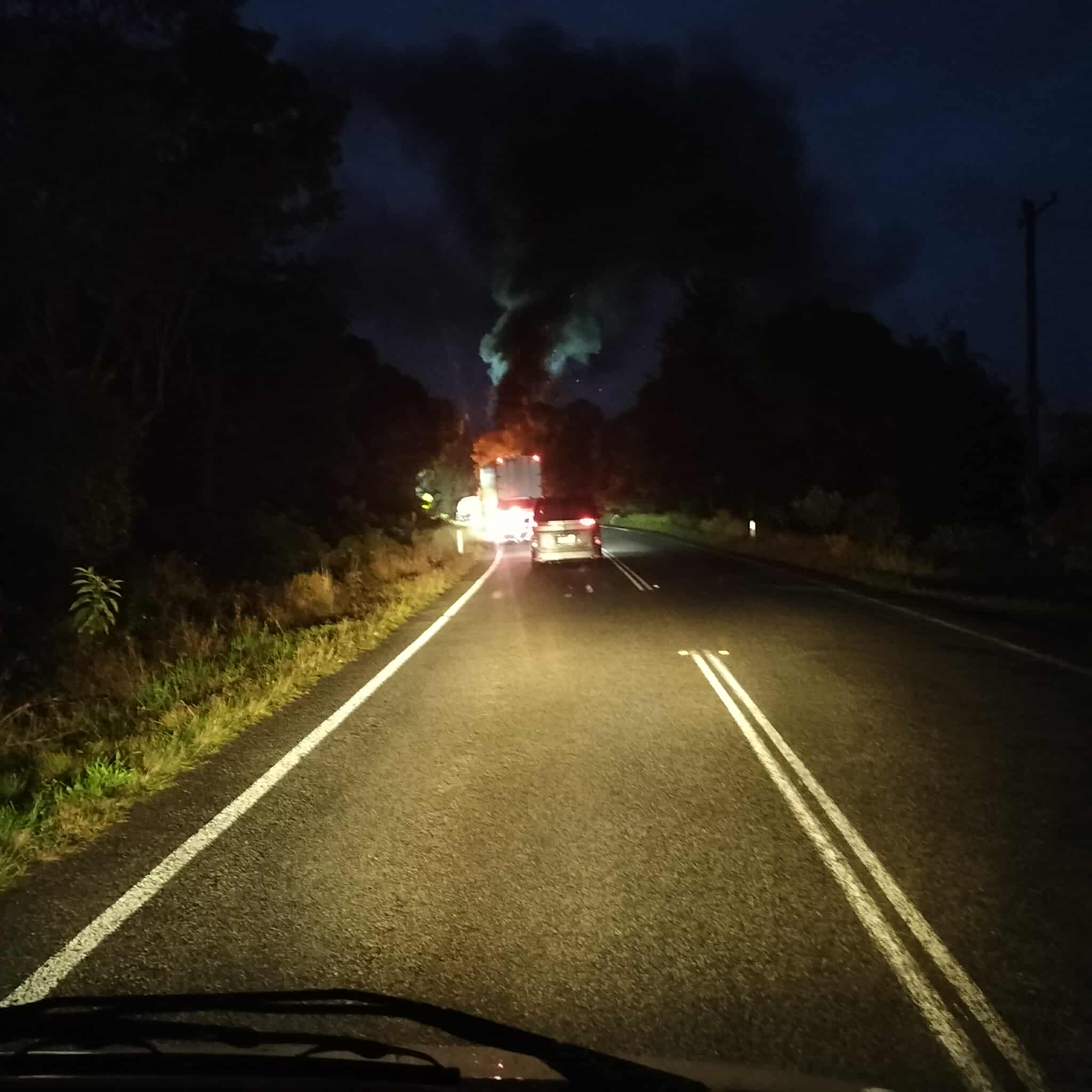 Fire at the scene of a head-on truck collision