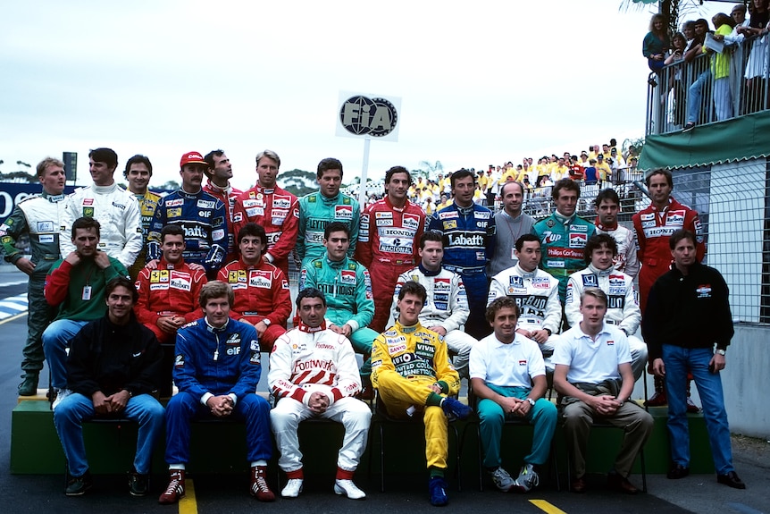 A big group of Formula 1 drivers - including Nigel Mansell, Ayrton Senna and Michael Schumacher, pose for end of season photo. 