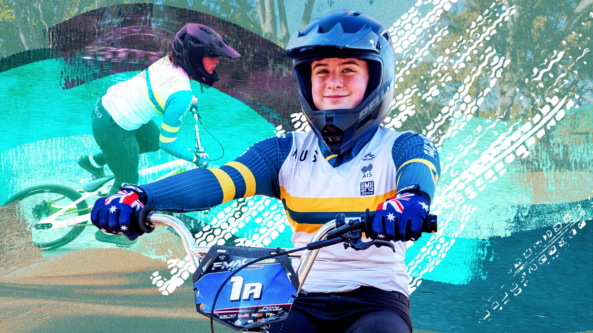 Penny smiles while sitting on her bike. An action shot of her taking a turn in the background along with stylistic tire treads.