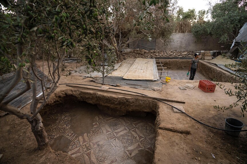 An ancient-looking mosaic is visible through two square-ish excavation sites in the ground of a walled-off courtyard.