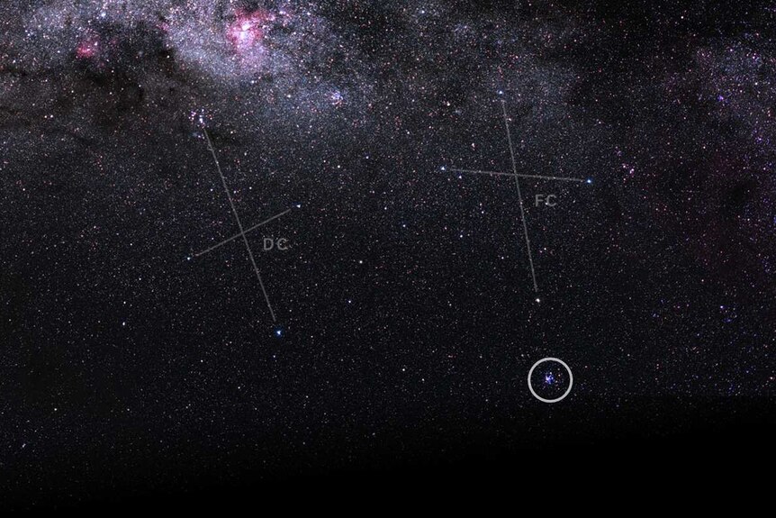 Widefield view of crosses and position of the Southern Beehive Cluster.