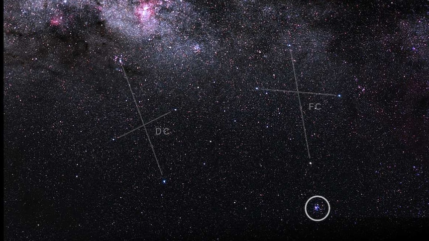 Widefield view of crosses and position of the Southern Beehive Cluster.