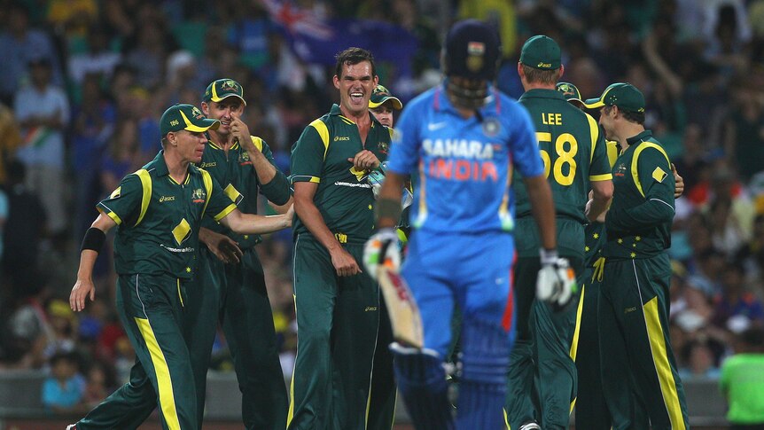 Tell your story walking ... Clint McKay gives Gautam Gambhir a fiery farewell at the SCG.