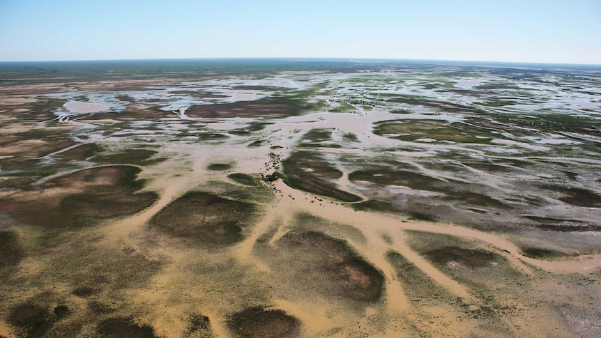 Aerial shot of Diamantina floodplain in Central West Queensland. It is full of water, 2016.