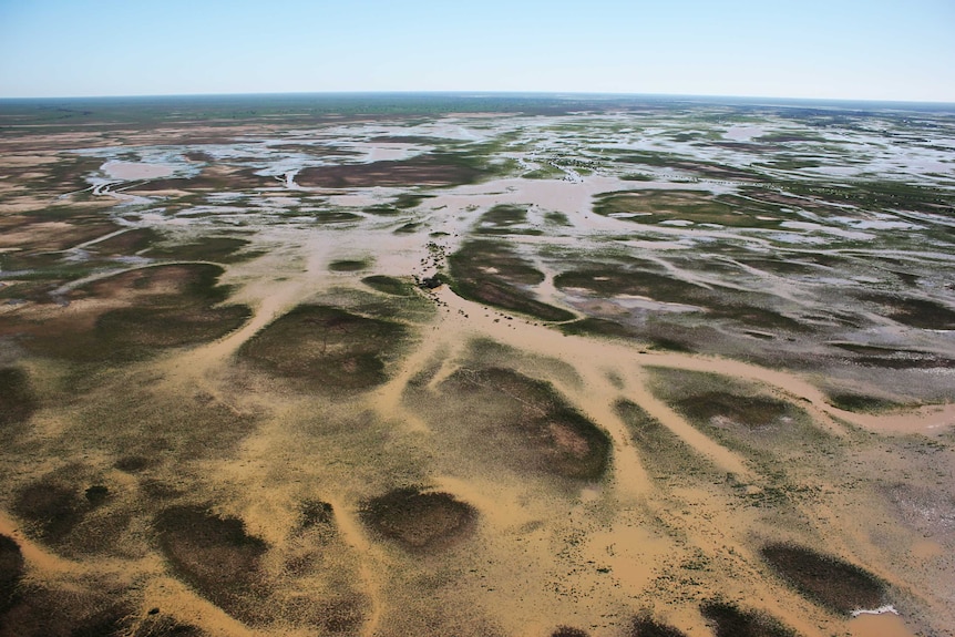 Aerial shot of Diamantina floodplain in Central West Queensland. It is full of water, 2016.