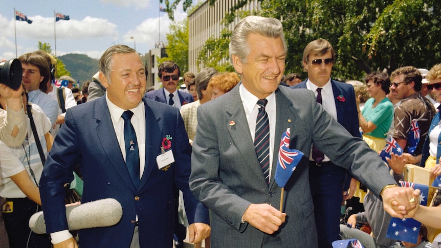 Former prime minister Bob Hawke and Alan Bond during America's Cup celebrations in 1983.