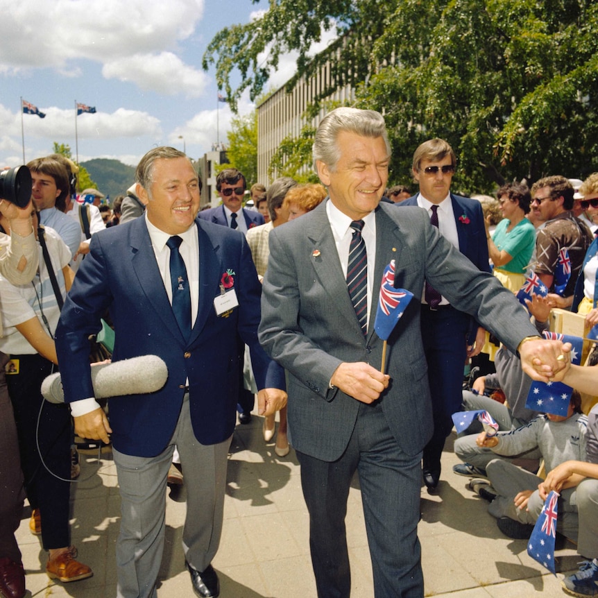 Former prime minister Bob Hawke and businessman Alan Bond together during America's Cup celebrations in 1983.