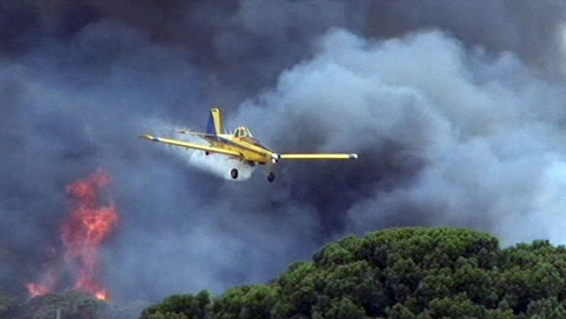 A water-bombing aircraft fights a bushfire on the outskirts of Port Lincoln