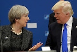 Theresa May gestures while speaking to Donald Trump.