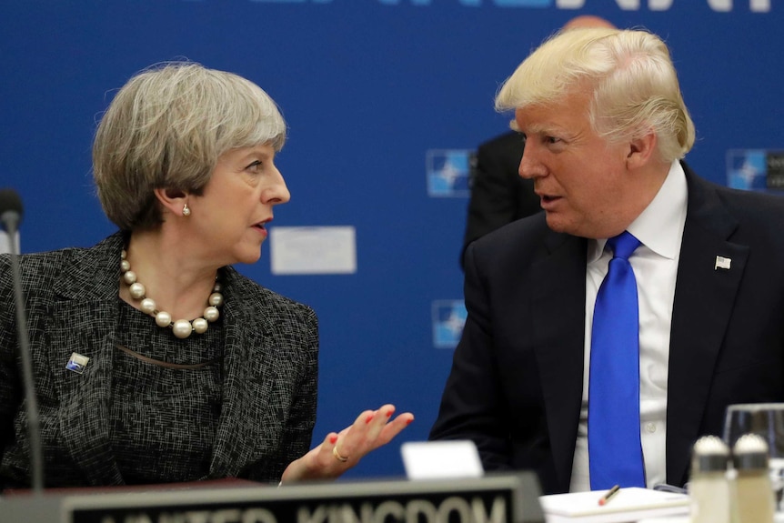 Theresa May gestures while speaking to Donald Trump.